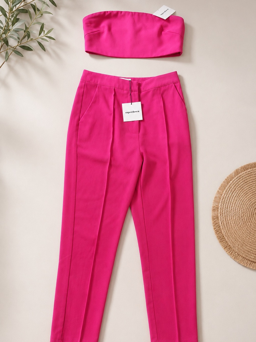 NWT Superdown Strapless Crop Top & High-Waist Pants Set - Pink